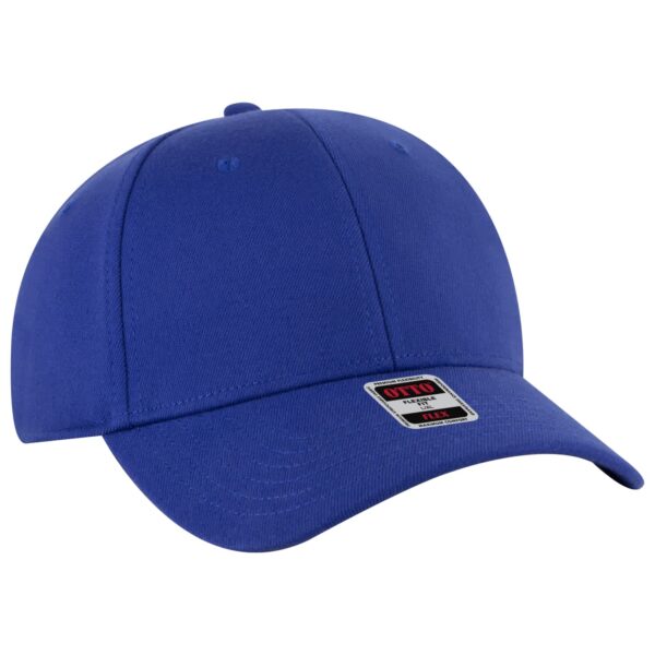 A blue low profile baseball cap with a structured crown and a curved brim, featuring a logo on the front.