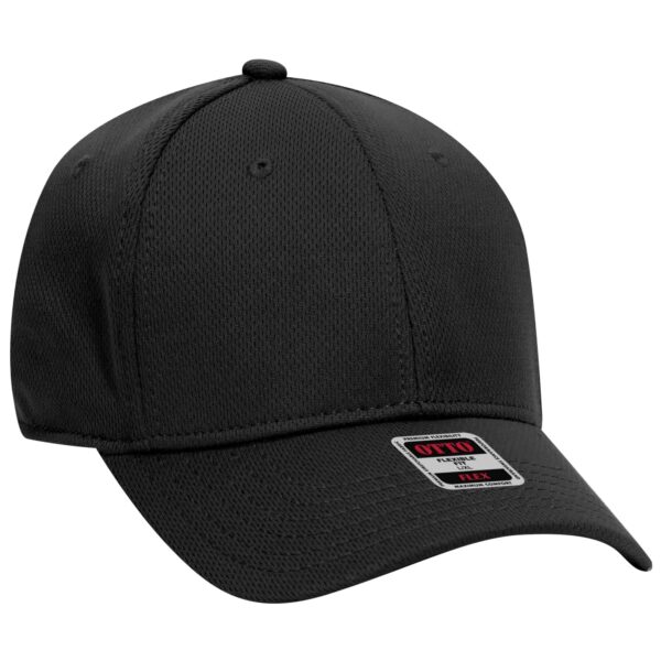 A black six-panel cap featuring a breathable design and a logo on the front.