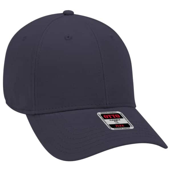 A navy blue six-panel baseball cap featuring a flexible design and a logo on the front.