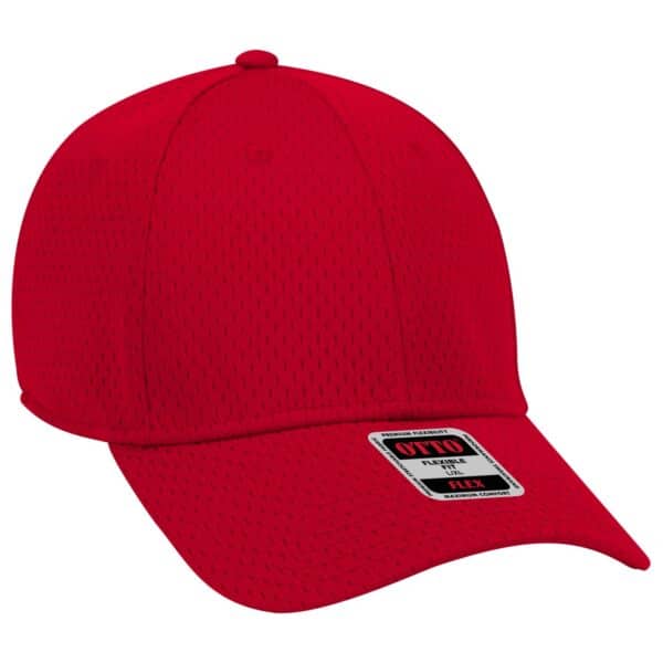 A red Otto Flex 6 Panel Baseball cap with a logo on the front and a mesh design.
