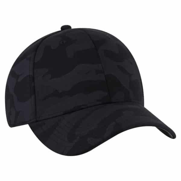 A black camo six-panel baseball cap with a curved brim and a logo on the front.
