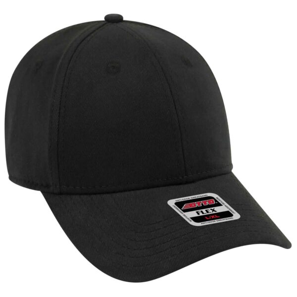 A black Otto Flex 6 Panel Baseball cap with a curved brim and branding on the side.