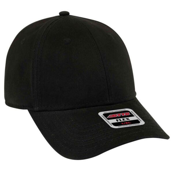A black six-panel baseball cap with a curved brim and a branding label on the front.