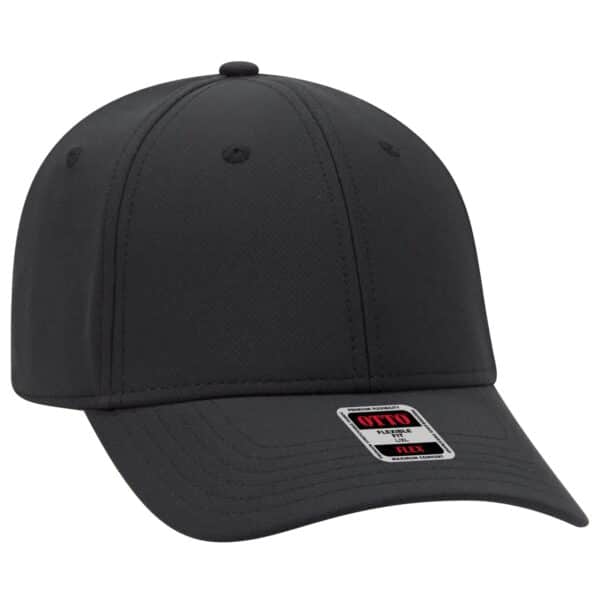 A black six-panel baseball cap featuring a brand logo. The cap offers UPF 50+ sun protection.