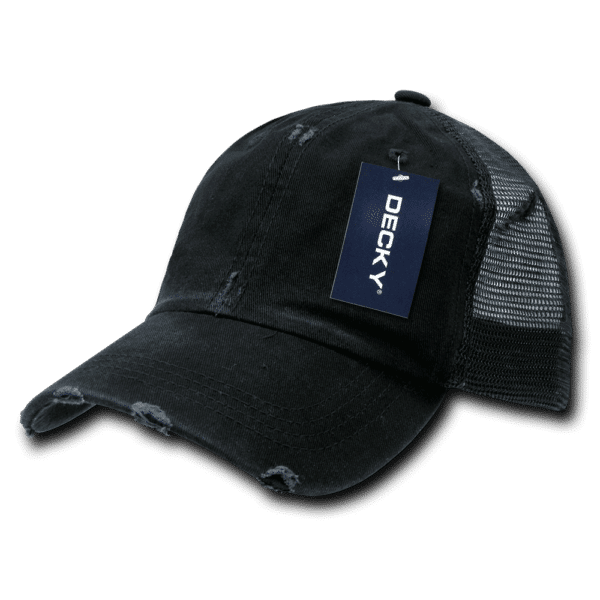 A black vintage trucker cap with a distressed finish and a mesh back, featuring a tag and a logo.