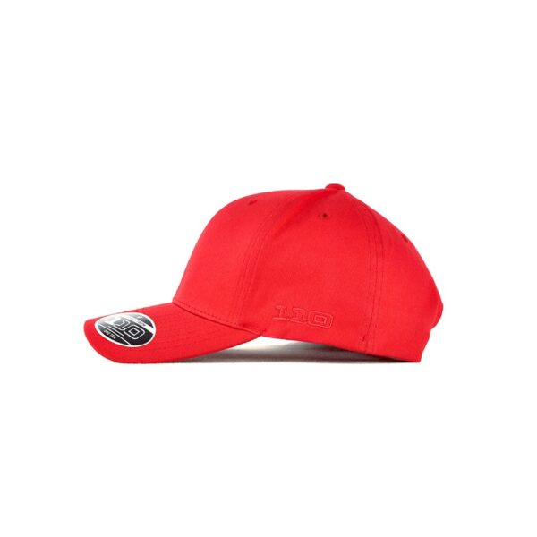 A red FLEXFIT 110 cap featuring a curved brim and a logo on the side.