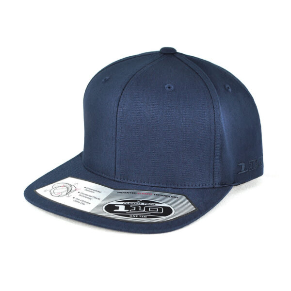 A navy blue cap with a flat brim and a structured design, featuring a logo on the side.