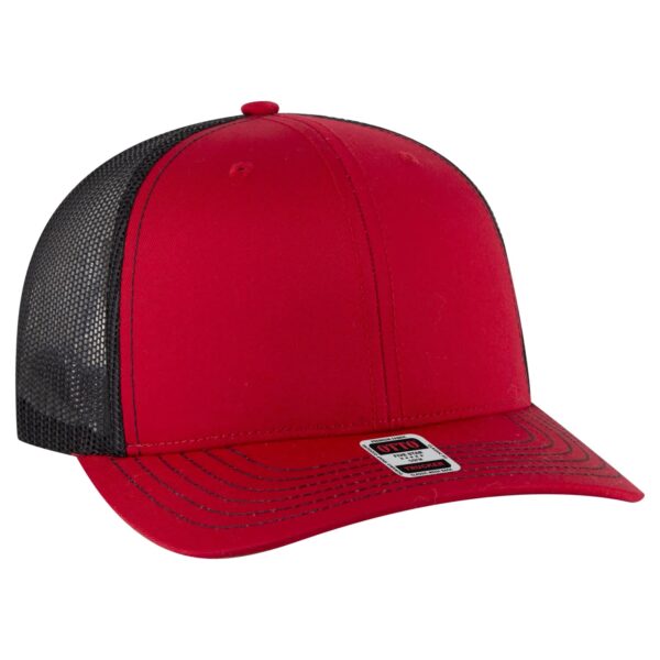 A red trucker hat with a black mesh back and a stitched brim. Features a logo on the side.