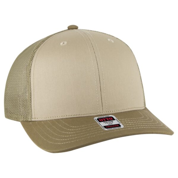 A beige Low Profile Mesh Back Trucker Hat featuring a structured front and mesh panels. It has a logo on the tag.