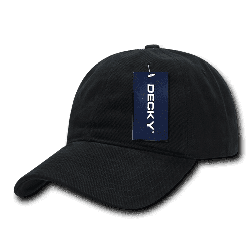 A black brushed cotton dad hat with a curved brim and a logo tag attached.