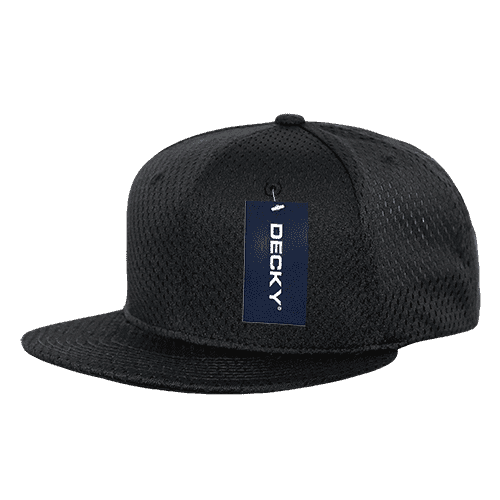 A black mesh jersey flat bill snapback cap with a tag. It features a structured design and breathable fabric.