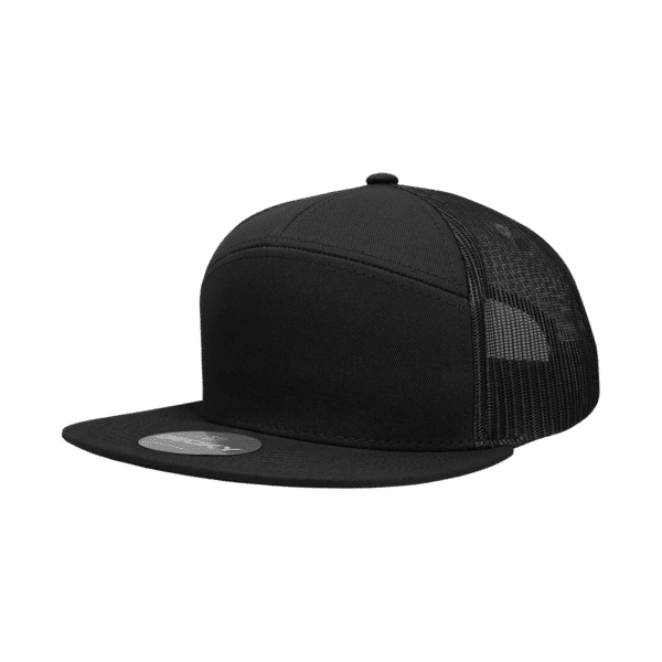 A black 7 Panel High Pro Cotton/Poly Blend Trucker cap featuring a mesh back and a branded label.