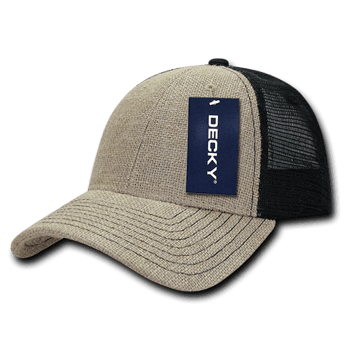 A low profile jute trucker cap in tan and black, featuring a mesh back and a tag.