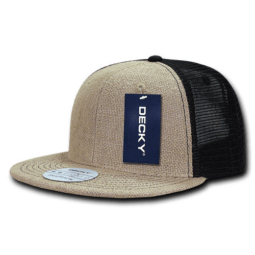 A jute trucker cap featuring a beige front and a black mesh back, with a logo tag attached.