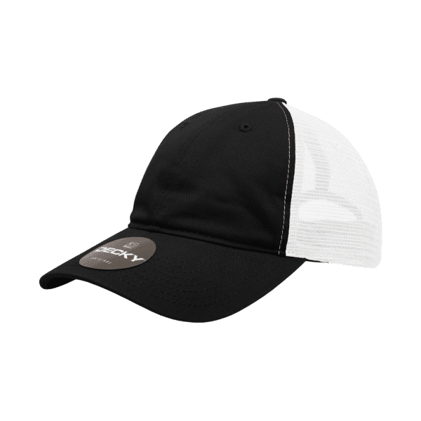 A black and white 6-panel low-profile cotton trucker hat with a logo on the front.