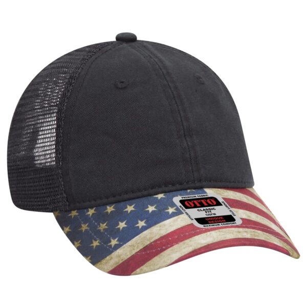 A black 6-panel soft trucker hat with a mesh back and a decorative American flag design on the brim.