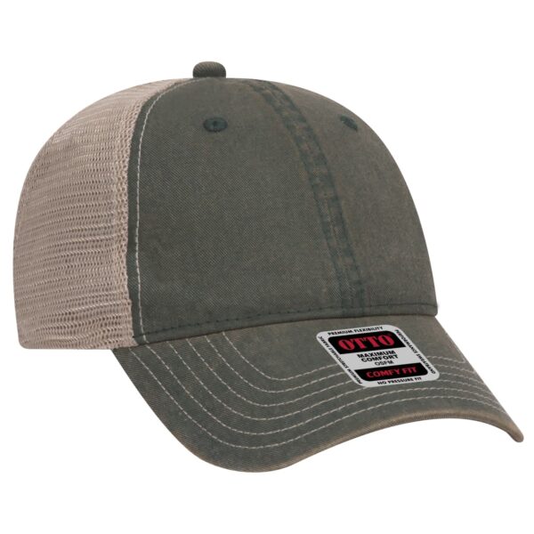 A green and beige 6 panel soft poly baseball cap with a mesh back and a visible logo badge.