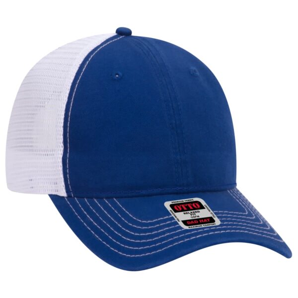 A blue and white six-panel trucker dad hat with a logo on the front and breathable mesh sides.