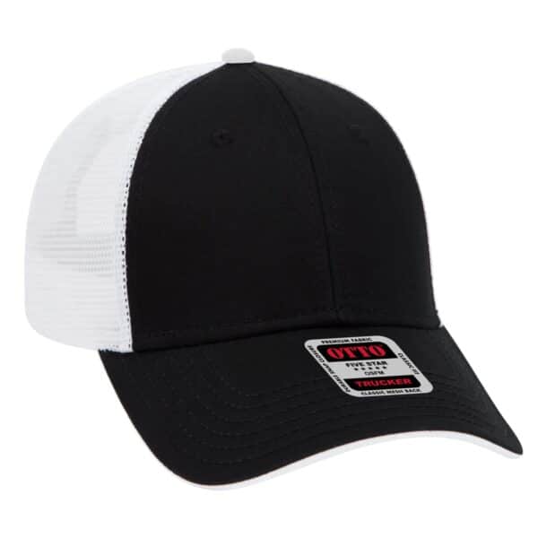 A black and white 6 panel trucker hat featuring a logo on the front and mesh back for ventilation.
