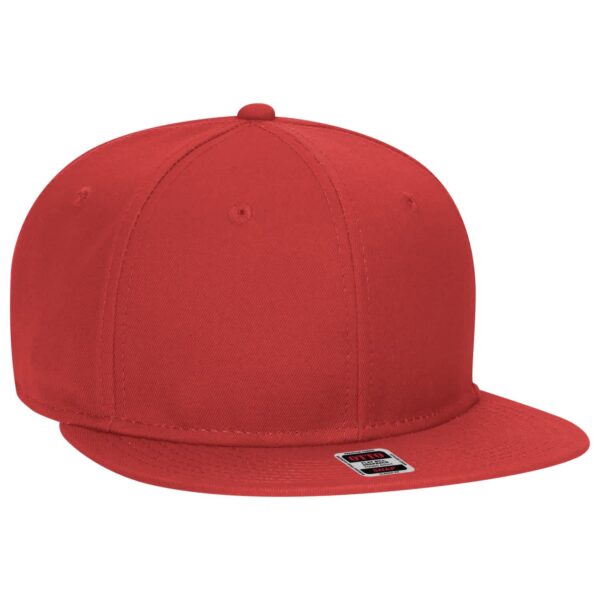 A red six-panel snapback cap featuring a flat brim and a logo on the side.
