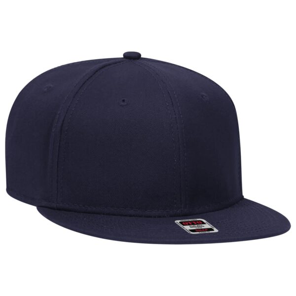 A navy blue six-panel snapback cap featuring a logo on the front.