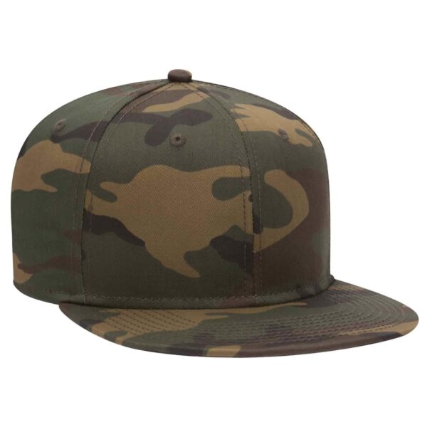 A camo-patterned six-panel snapback cap in shades of green and brown, featuring a visor and a logo.