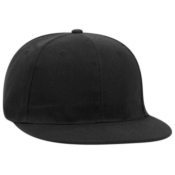 A black six-panel snapback cap with a rounded crown and stiff brim, featuring a logo on the front.