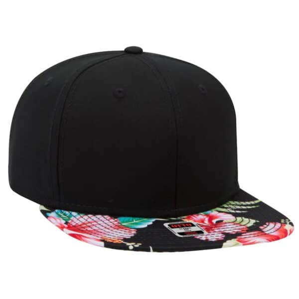 A black snapback cap with a floral-patterned brim and a small logo on the side.