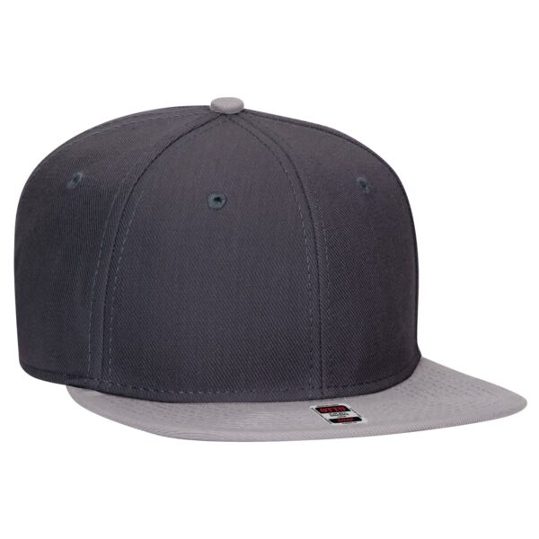 A grey and dark grey snapback cap featuring a flat brim and a logo on the side.