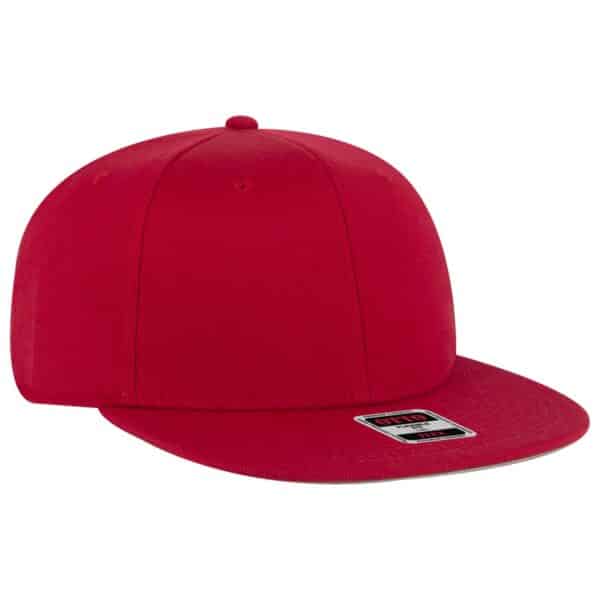 A red mid-profile baseball cap featuring a flat brim and a logo on the side.