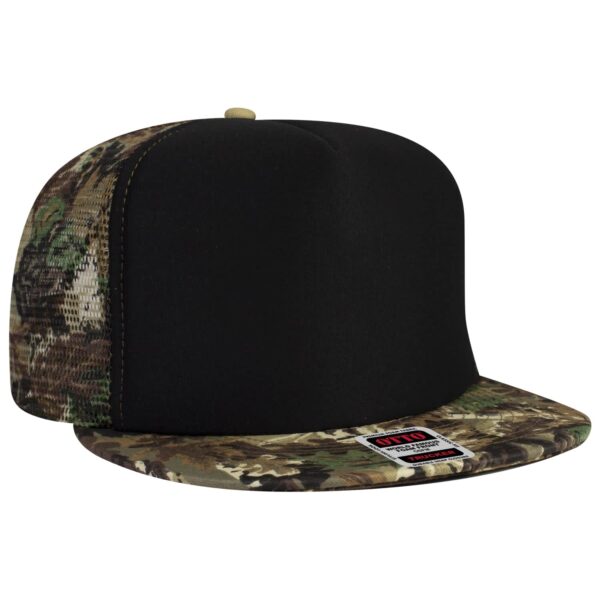 A black and camouflage trucker cap with a flat brim and a logo on the front.