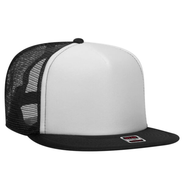 A black and white trucker cap featuring a mesh back and a flat brim, with a branding logo included.