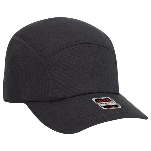 A black 5 panel running hat featuring a branded label on the front.