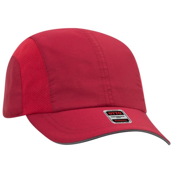 A red reflective six-panel running hat with mesh detailing and a logo on the front.