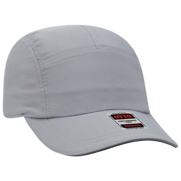 A grey reflective 5 panel running hat with a curved brim and an attached logo.
