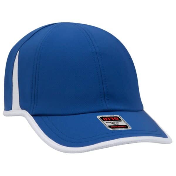 A blue running hat with white accents and a logo on the front. Features a six-panel design and a curved brim.