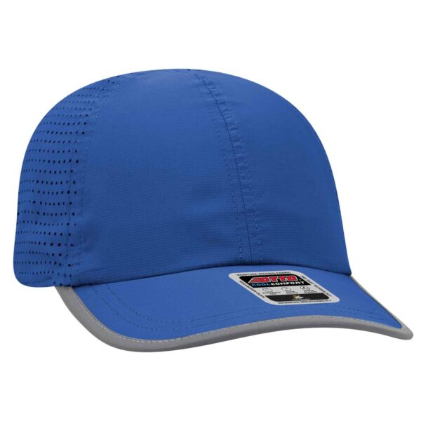 A blue reflective six-panel running hat with a grey brim and ventilation holes. It features a logo on the front.