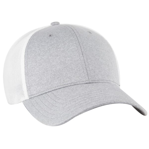 A grey trucker cap with a white mesh panel and a curved peak, featuring a logo on the front.