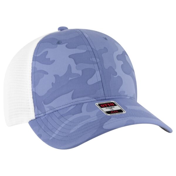 A blue camouflage stretchable trucker hat with a white mesh back and a logo on the front.