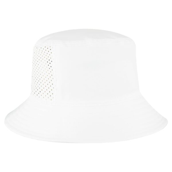 A white bucket hat featuring perforated sides and a logo.