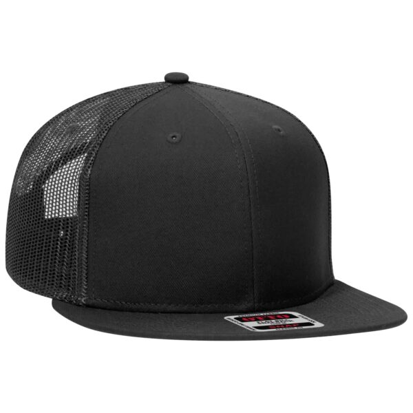 A black trucker cap with mesh sides and a flat brim, featuring a logo on the front.