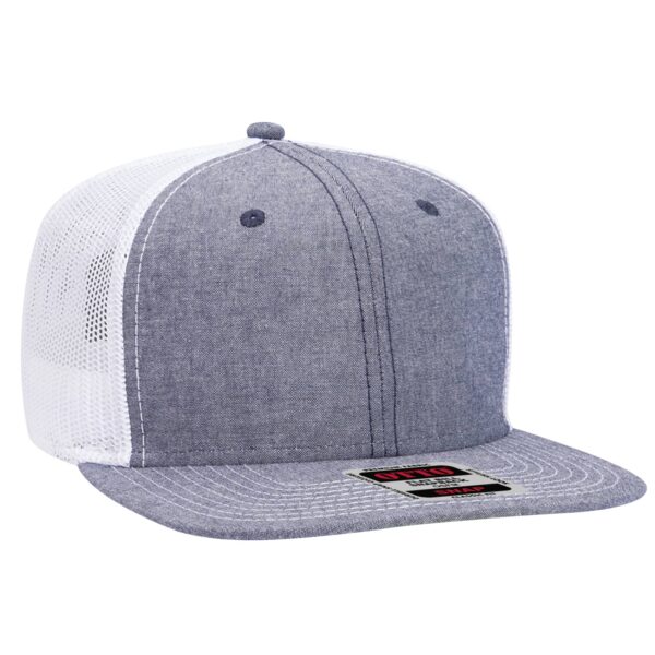 A grey and white trucker cap with a mesh back and a branded label on the front.