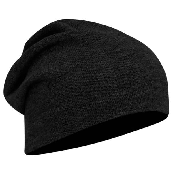 A black slouch beanie with a soft, knitted texture and a relaxed fit, featuring a logo.