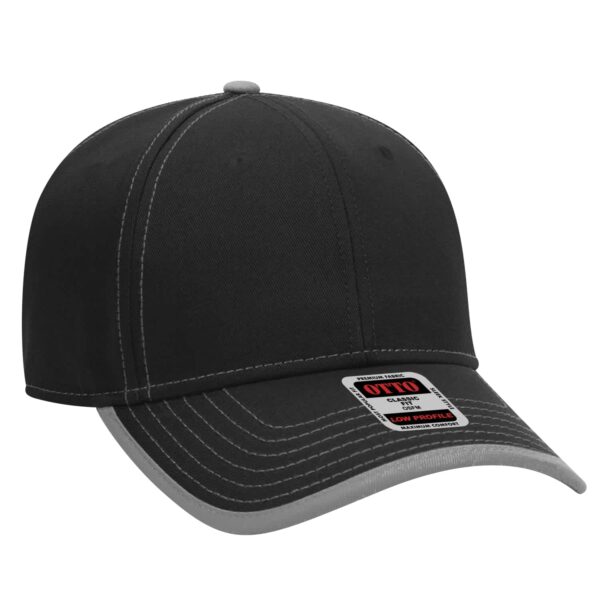 A black six-panel baseball cap with a grey peak and a logo on the front panel.
