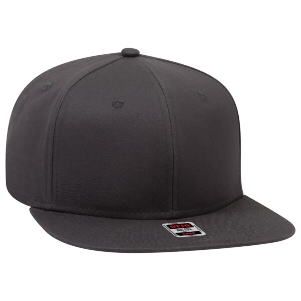 A six-panel snapback cap in dark grey, featuring a logo on the front.
