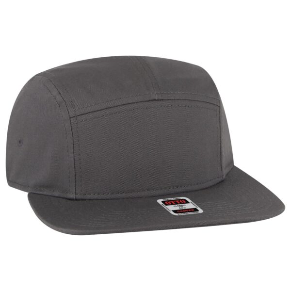 A grey five panel camper style cap featuring a flat brim and a logo on the side.