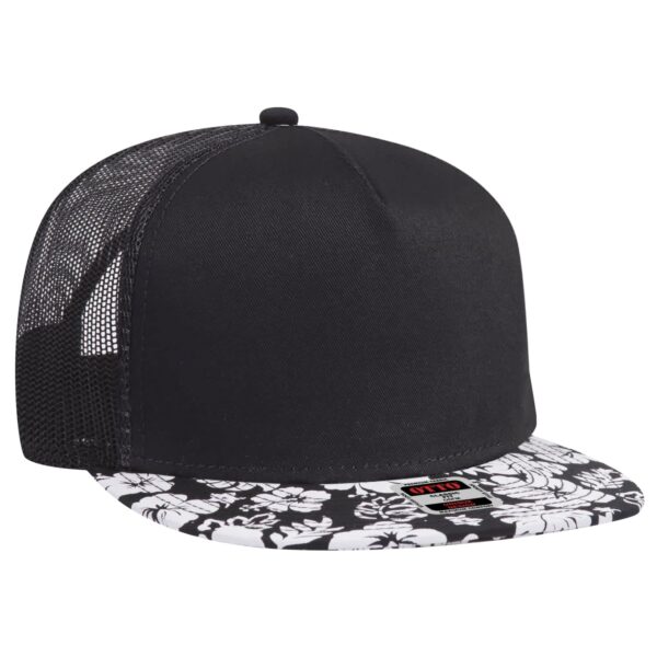 A black trucker cap with a floral patterned brim and a mesh back, featuring a logo on the side.