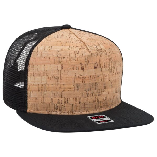 A cork-fronted trucker cap with a black mesh back. The cap features a logo on the front.