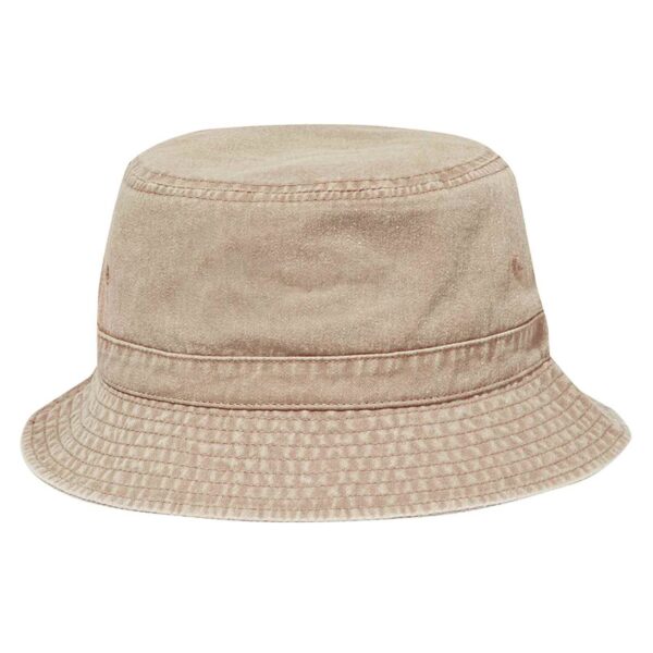 A beige bucket hat with a wide brim, featuring a textured fabric and a logo on the side.