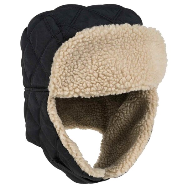 A three-panel trapper hat in black with a fluffy cream lining and ear flaps. Features a textured quilted design.
